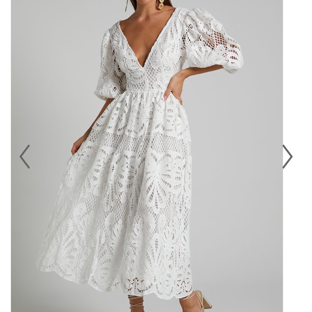 Showpo Anieshaya Midi Dress - V Neck Cut Out Lace Dress in White